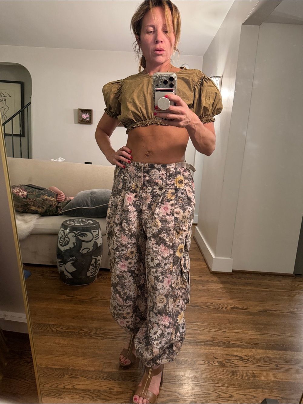 Free People Floral Harem Track Pants in Gray, Pink & Yellow